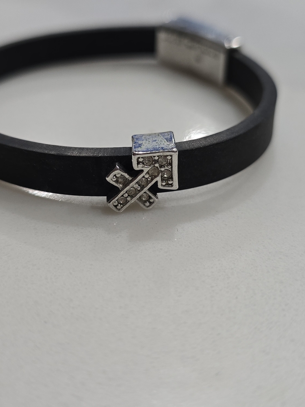 John Candice Black Rubber Bracelet Sagittarius Astrology Symbol Silver Tone